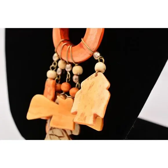 Vintage Carved Laminated Wood Statement Necklace Whimsical Made in India Bin3A